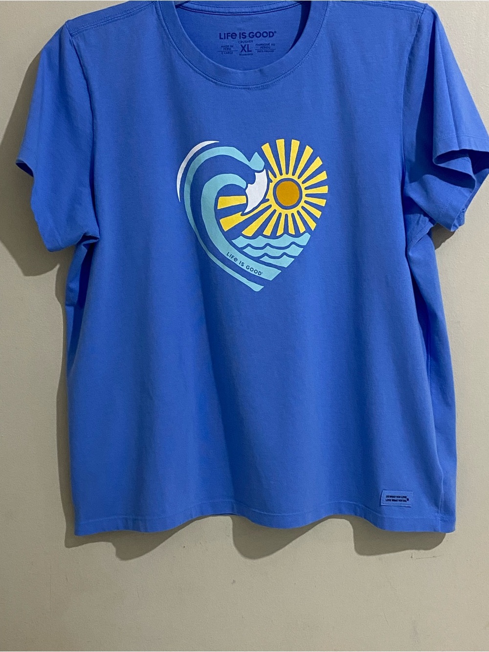 Life Is Good Blue Tee with Heart Wave & Sun Graphic